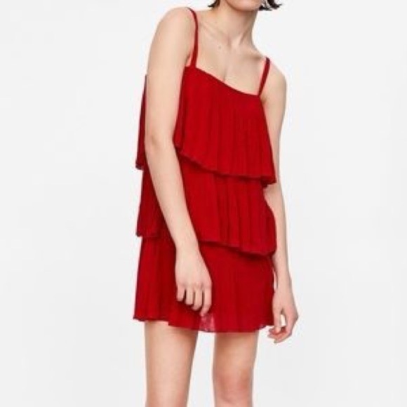 Zara Dresses & Skirts - Zara Sleeveless Tiered Mini Dress Red Ruffle Knit Cocktail Party Sz M
